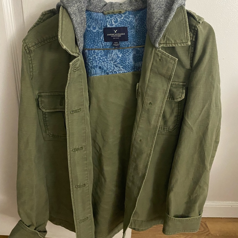 American Eagle Outfitters Olive Green Utility Jacket with Gray Hood